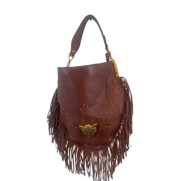 Handbags - SHARIF Brown Goat Leather & Fringe with Metal Cougar Head Hobo Purse